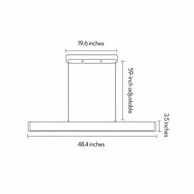 Dimension drawing of contemporary linear chandelier showing suspended installation measurements.