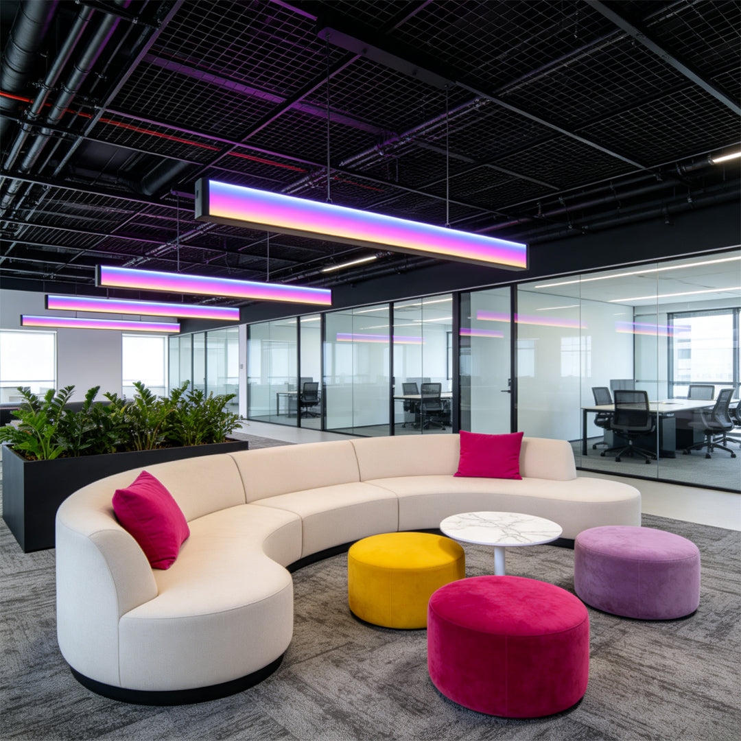 Contemporary linear chandeliers installed in a modern creative office lounge area.