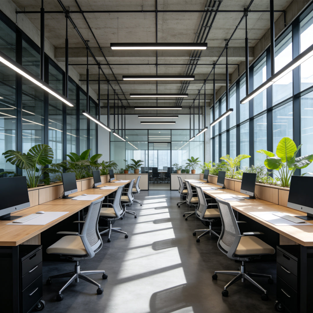 Contemporary linear gold pendant lights suspended in a spacious commercial workspace.