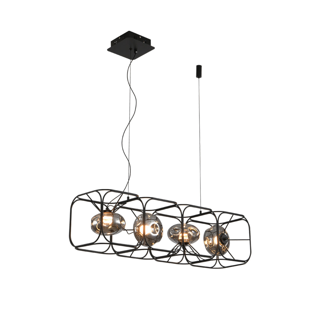 Contemporary square cage chandelier with extended linear design showcasing five wire frame sections