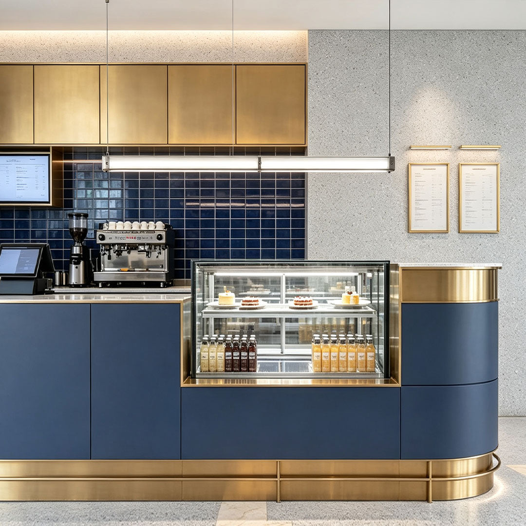 Elegant contemporary linear suspension lighting above a café counter with modern blue and gold interior accents.