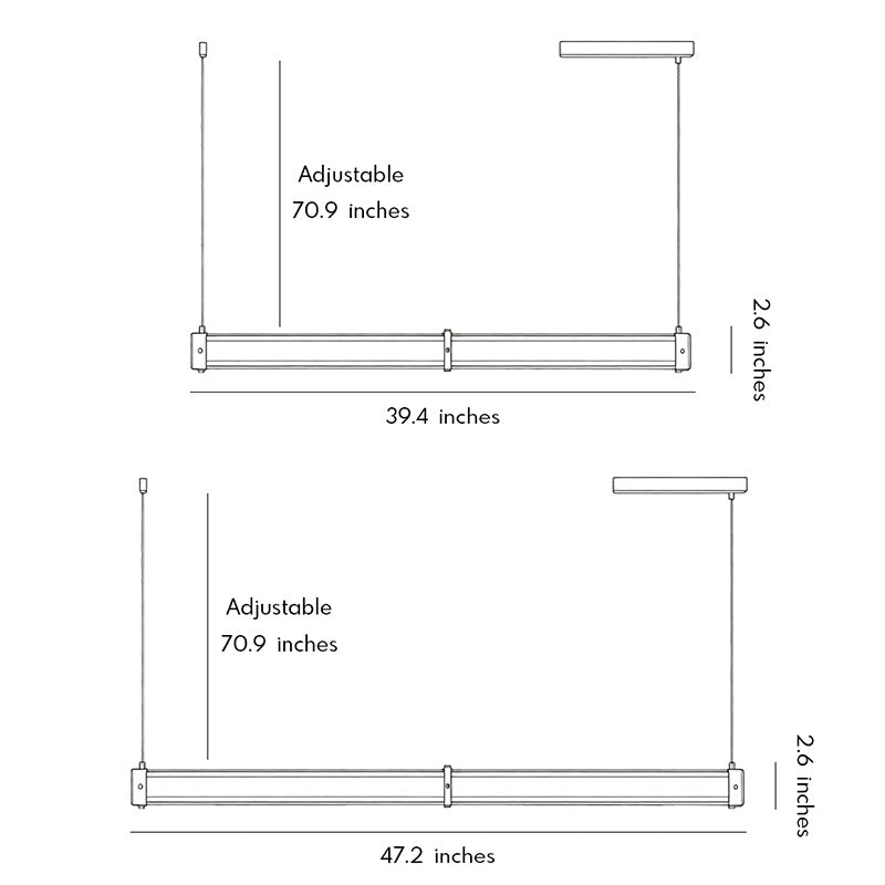 Dimension drawing of contemporary linear suspension lighting showing adjustable hanging height and size specifications.