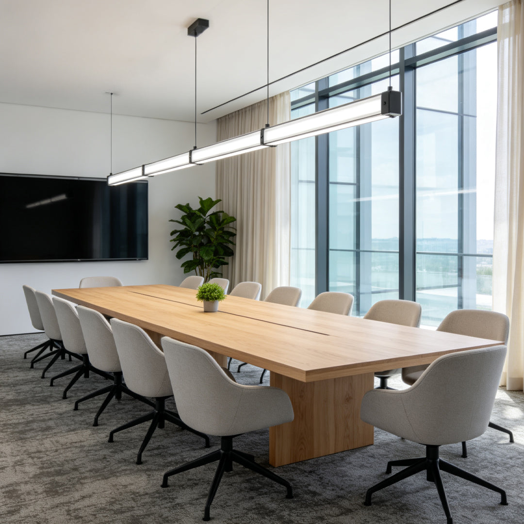 Minimal contemporary linear suspension lighting illuminating a spacious conference room with floor-to-ceiling windows.
