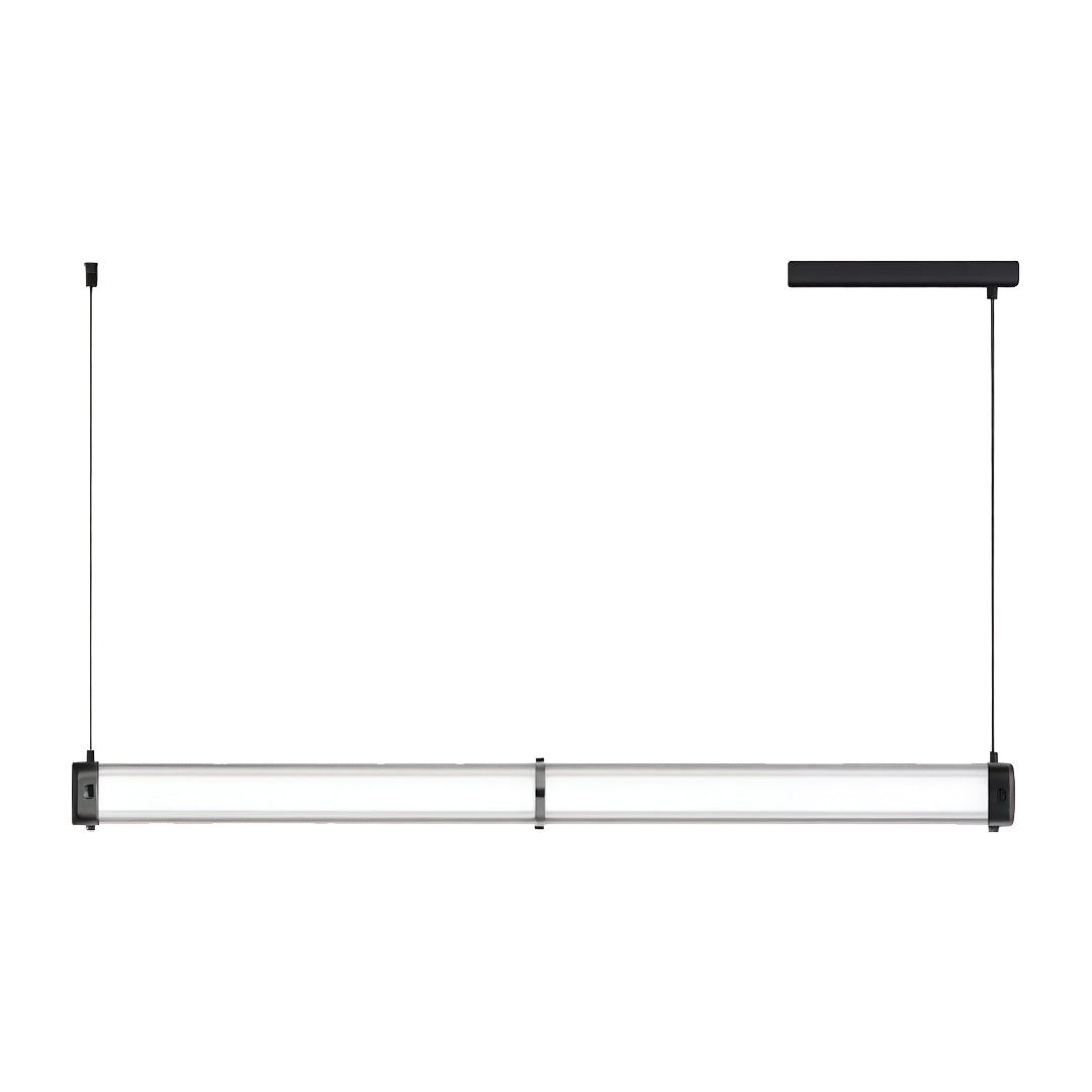 Side profile of contemporary linear suspension lighting with minimalist linear suspended structure.