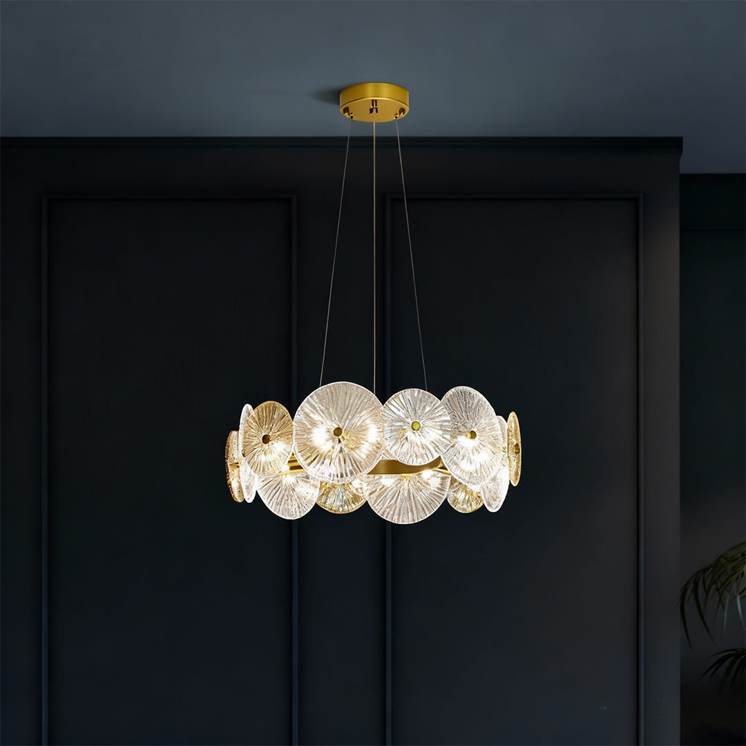 Large glass chandelier in a contemporary living space, stylish and glamorous ceiling fixture