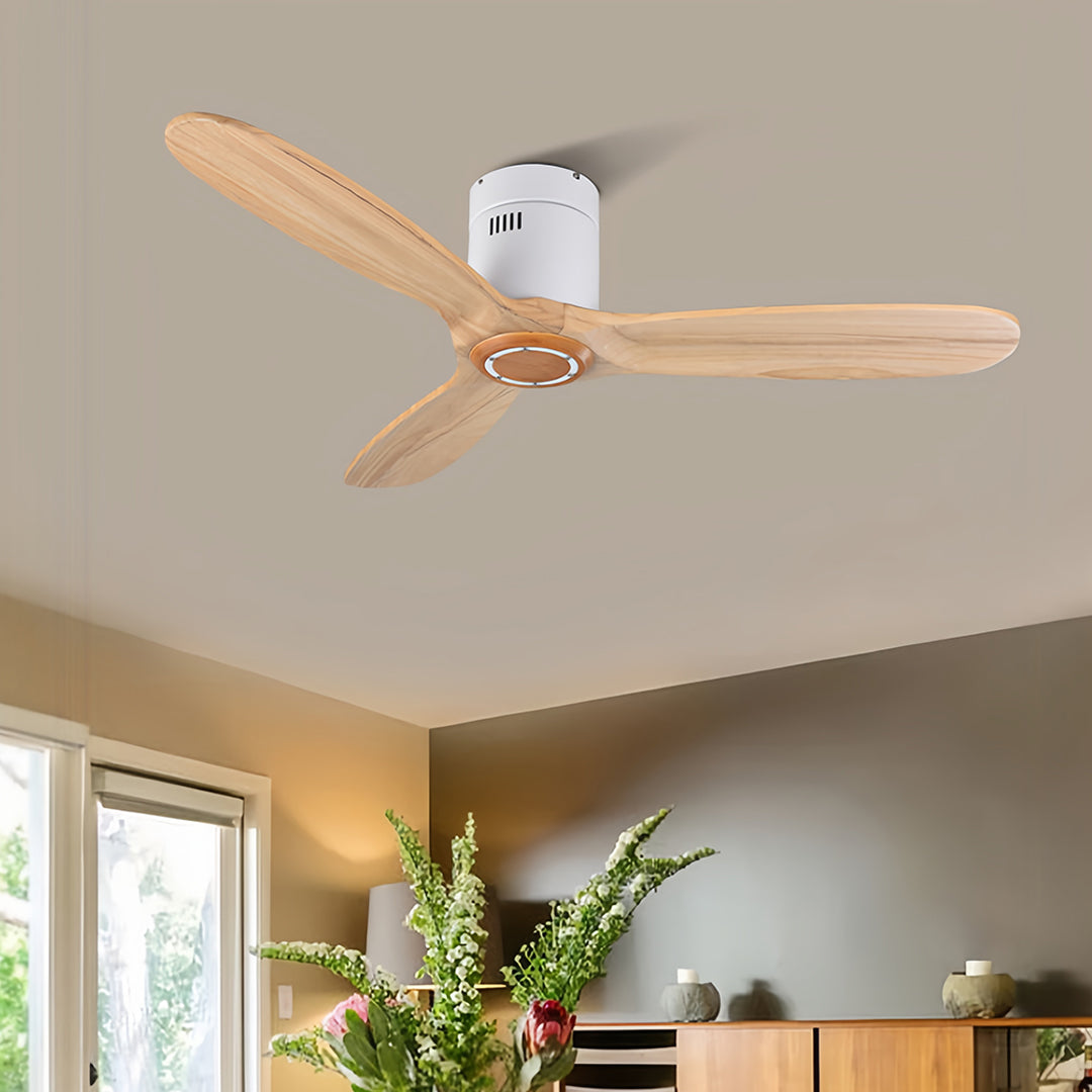 3 blade ceiling fan with light installed in contemporary living room with natural lighting