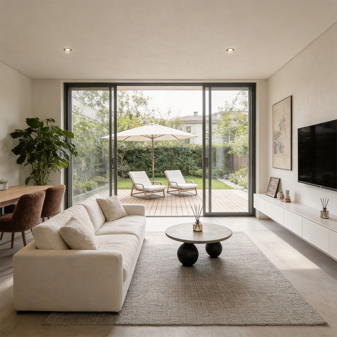 Contemporary living room illuminated by recessed ceiling spotlight for a clean, sleek look.
