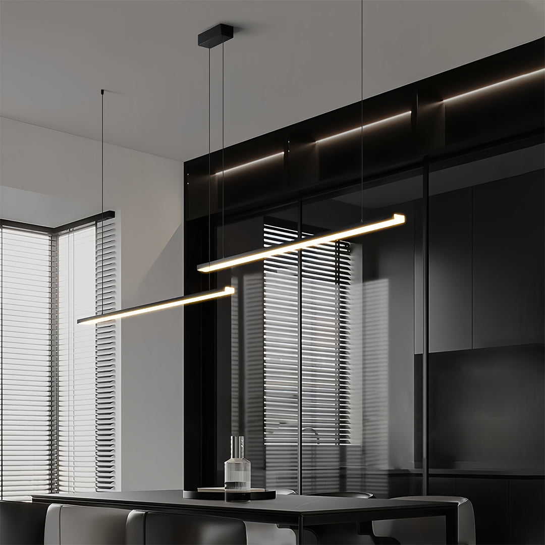 Contemporary livingroom featuring small black pendant light with clean architectural lines