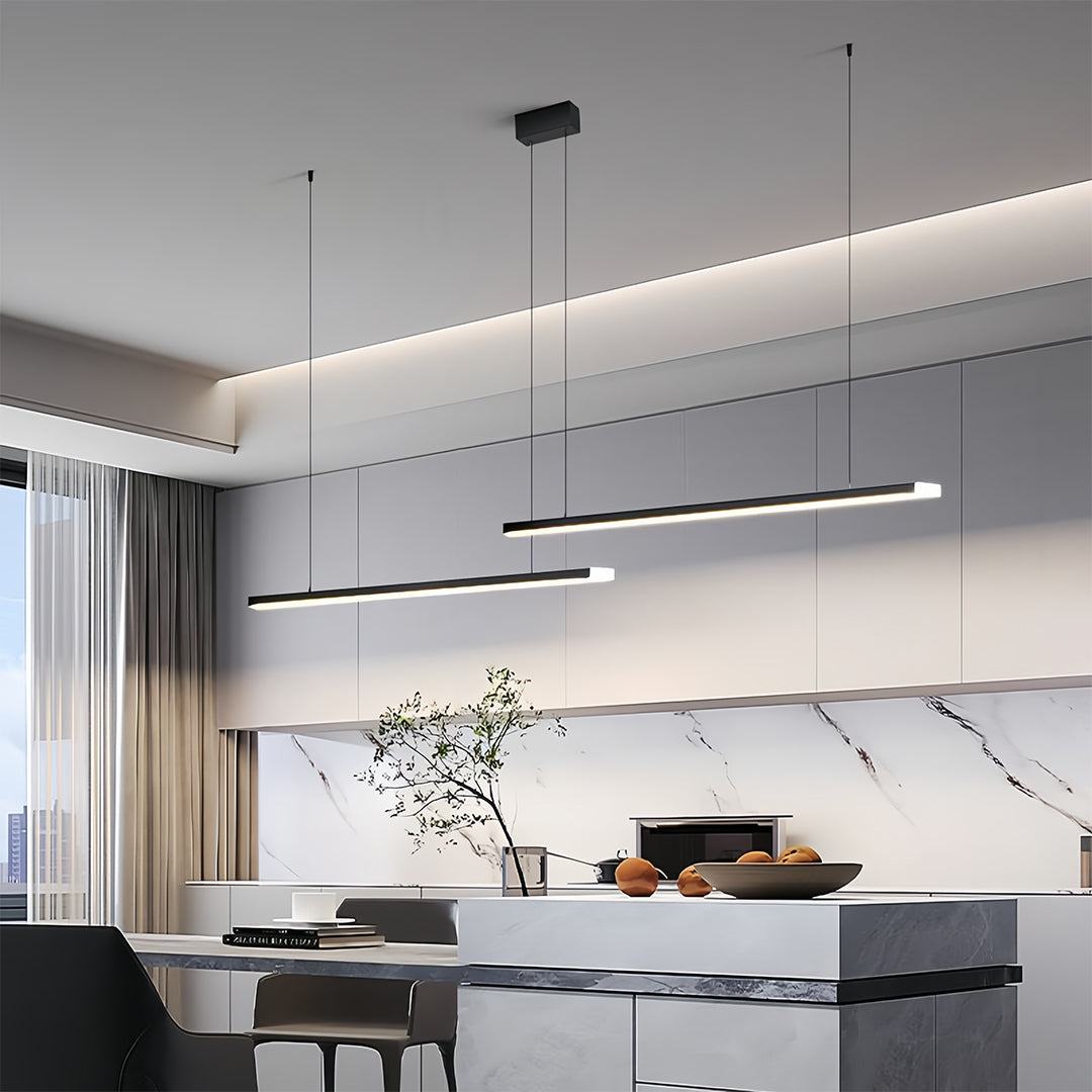 Contemporary livingroom featuring small black pendant light with clean architectural lines