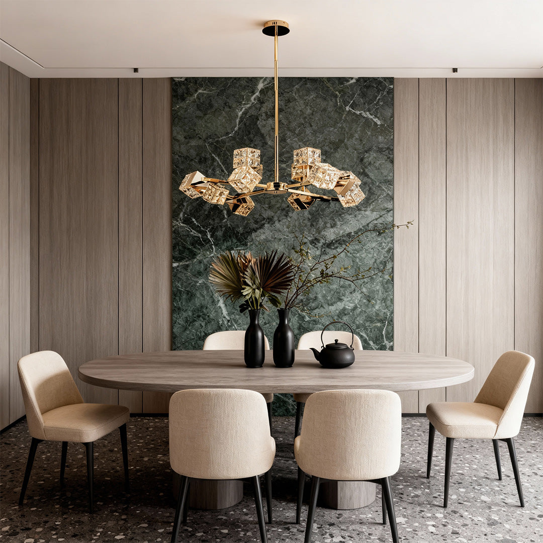 Contemporary luxury chandeliers crystal featuring glass shade chandelier aesthetic in modern dining space with dramatic marble wall.