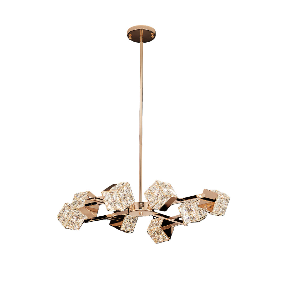 Contemporary luxury chandeliers crystal featuring glass shade chandelier styling in organic branch design with crystal cube clusters.