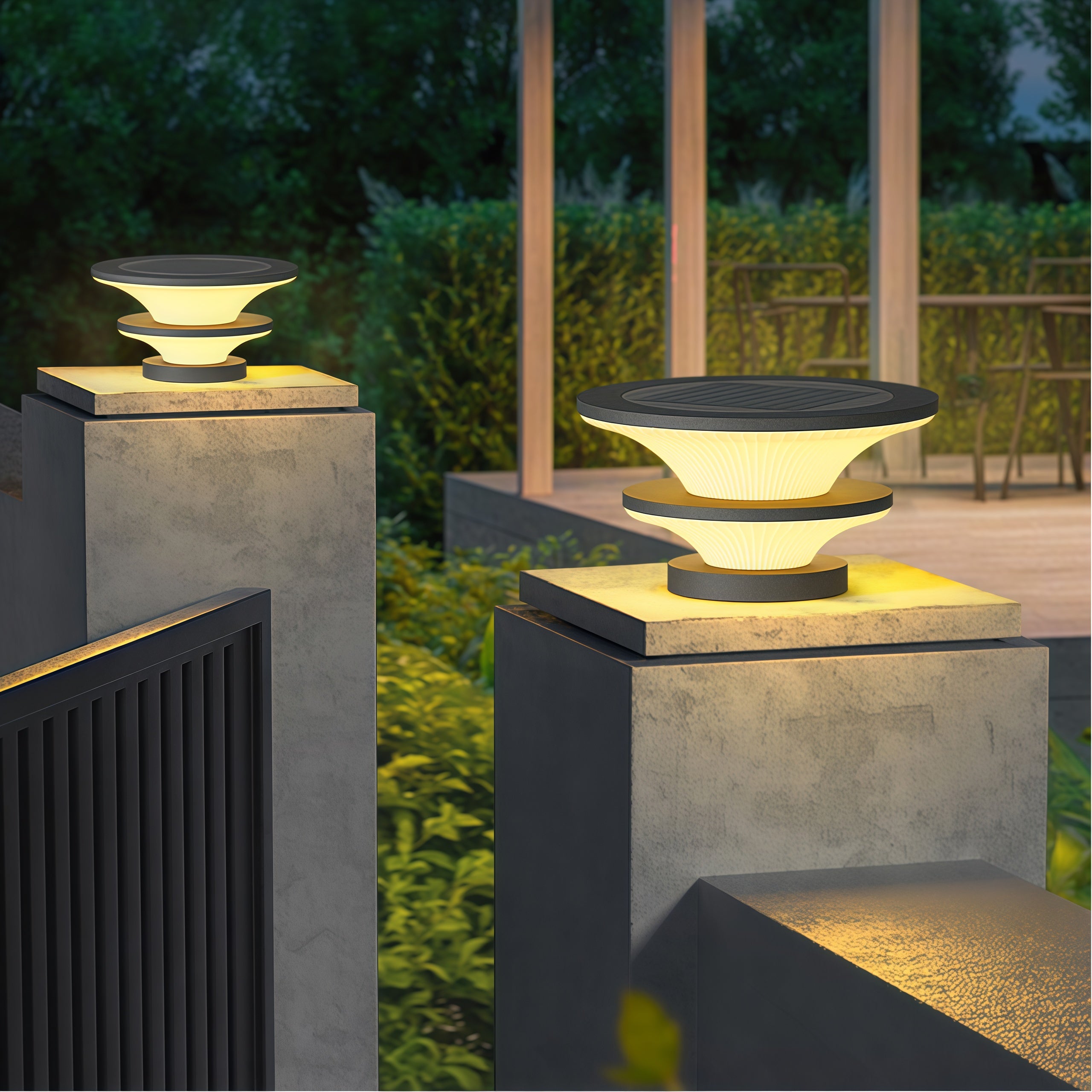 Contemporary patio pillar rechargeable table lamps illuminating luxury outdoor residential landscape design