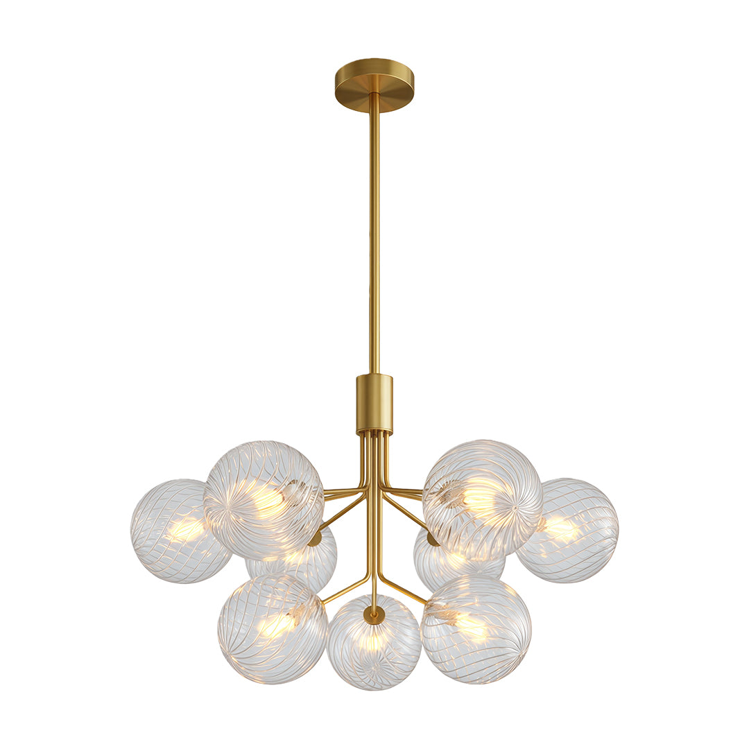 Contemporary luxury modern chandeliers featuring glass shade chandelier aesthetic in brass with multiple textured spherical glass shades.