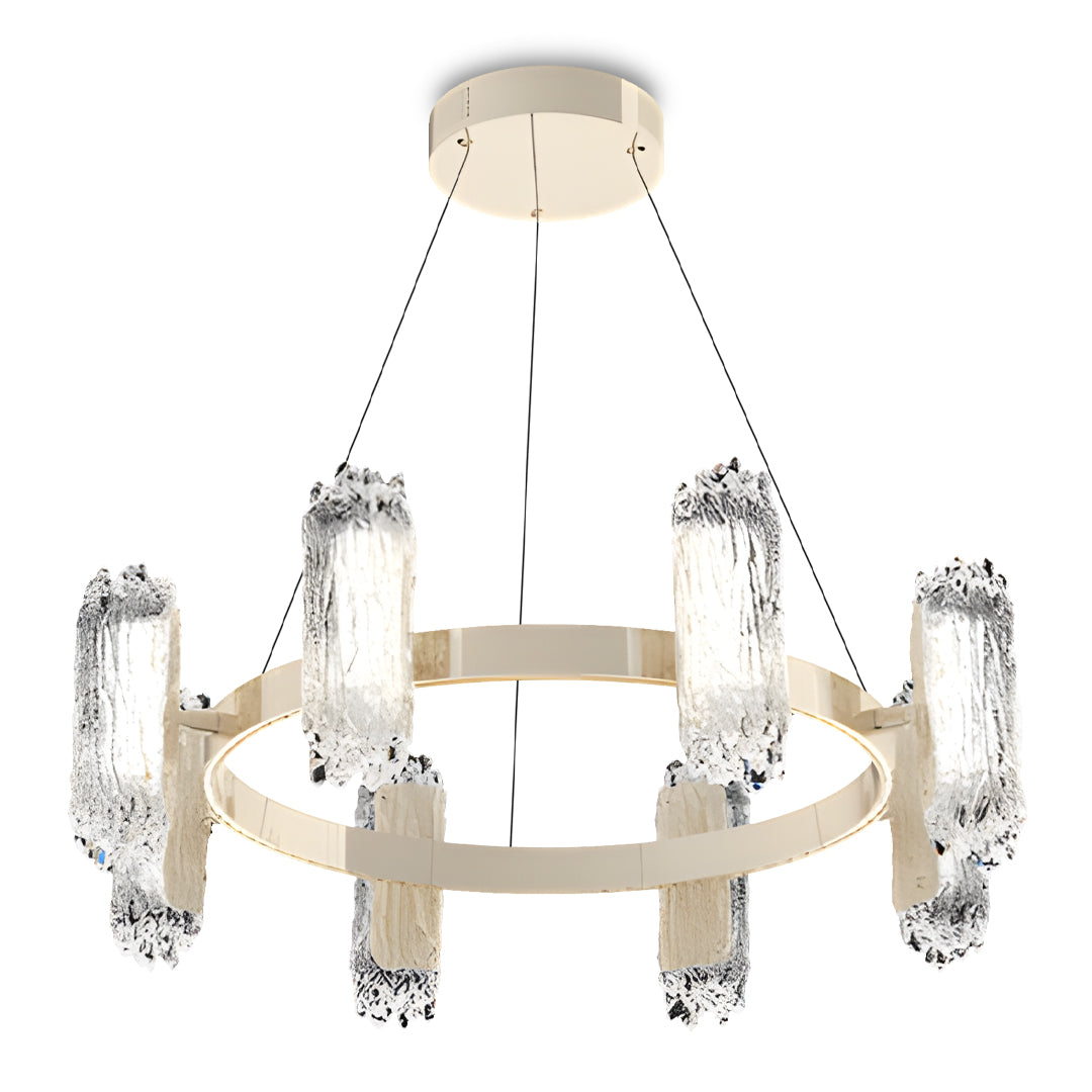 Contemporary metal modern chandelier showcasing dual-ring structure with prismatic glass shades in satin brass