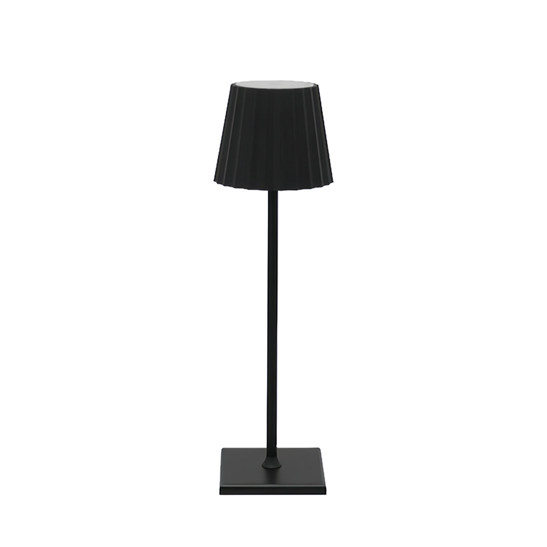Contemporary modern metal table lamp featuring black pleated shade with minimalist metal stand