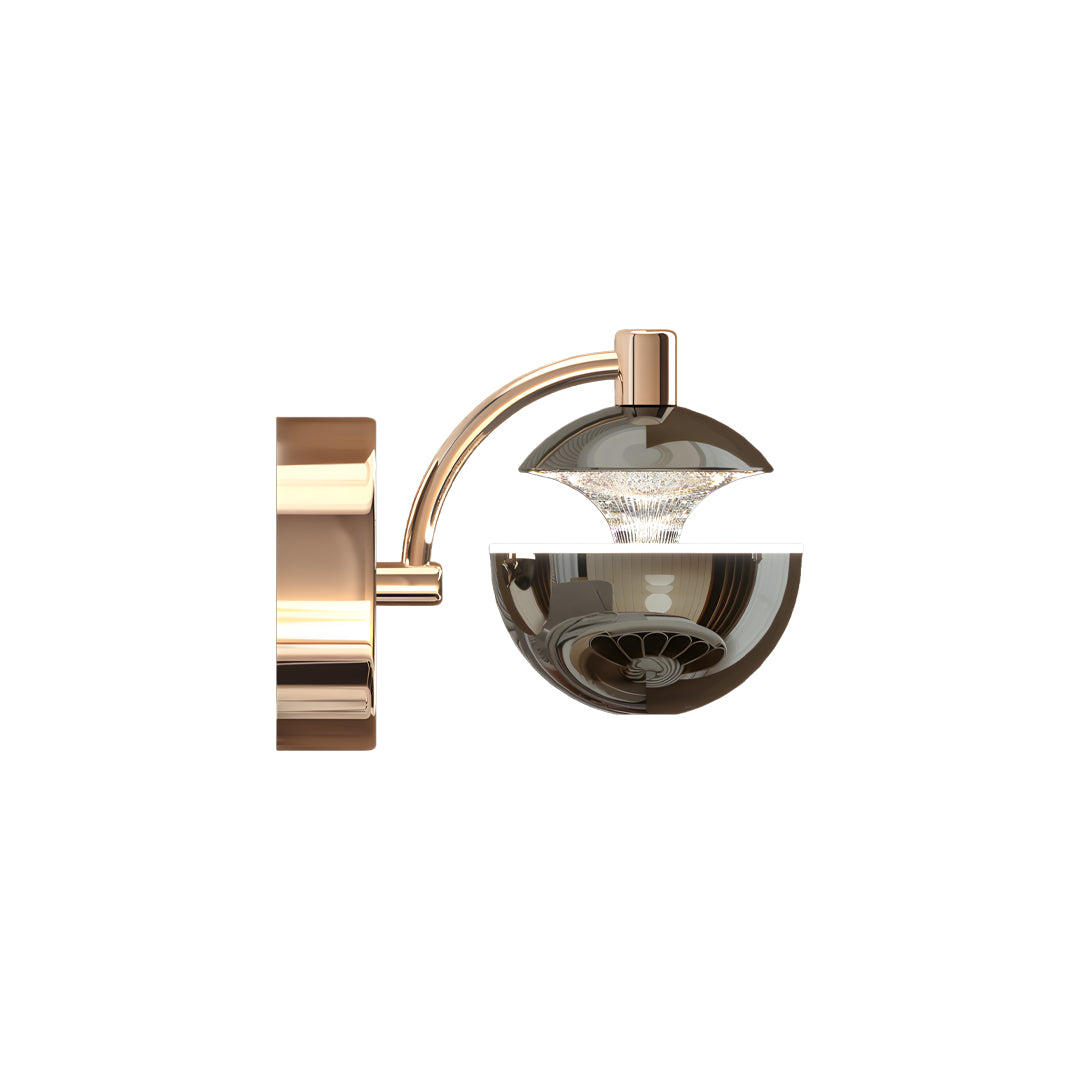 Contemporary metal wall sconce showcasing spherical chrome shade with pivoting arm and horizontal accent bar detail