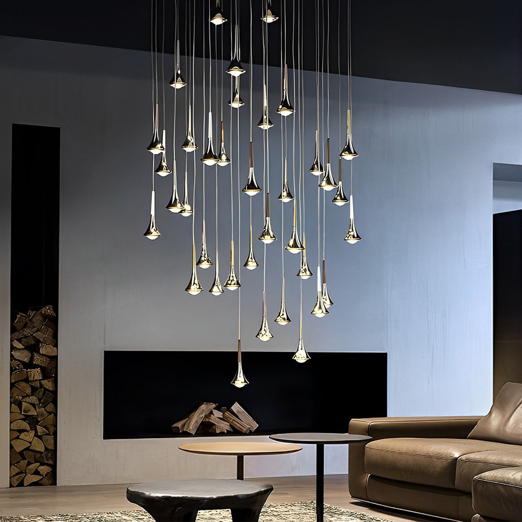 Contemporary mini pendant lights arranged in a cascading cluster, serving as a statement chandelier in a living room.