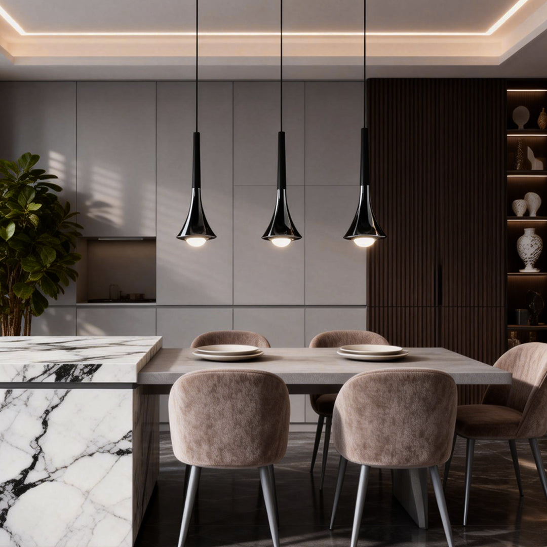 Contemporary mini pendant lights hanging above a modern dining table, creating elegant ambient lighting in a refined interior.