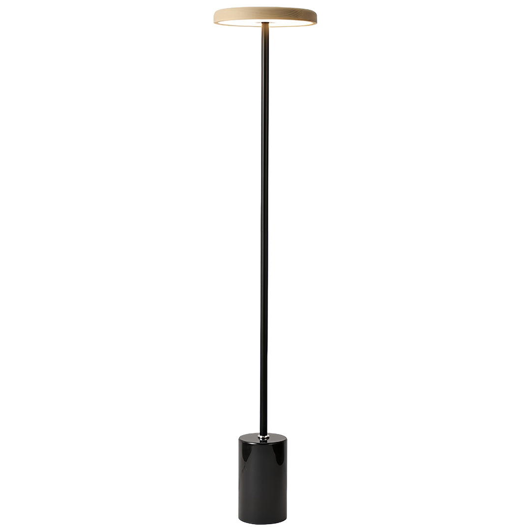 Contemporary minimalist floor lamp featuring black pole and circular top light for sophisticated ambient lighting