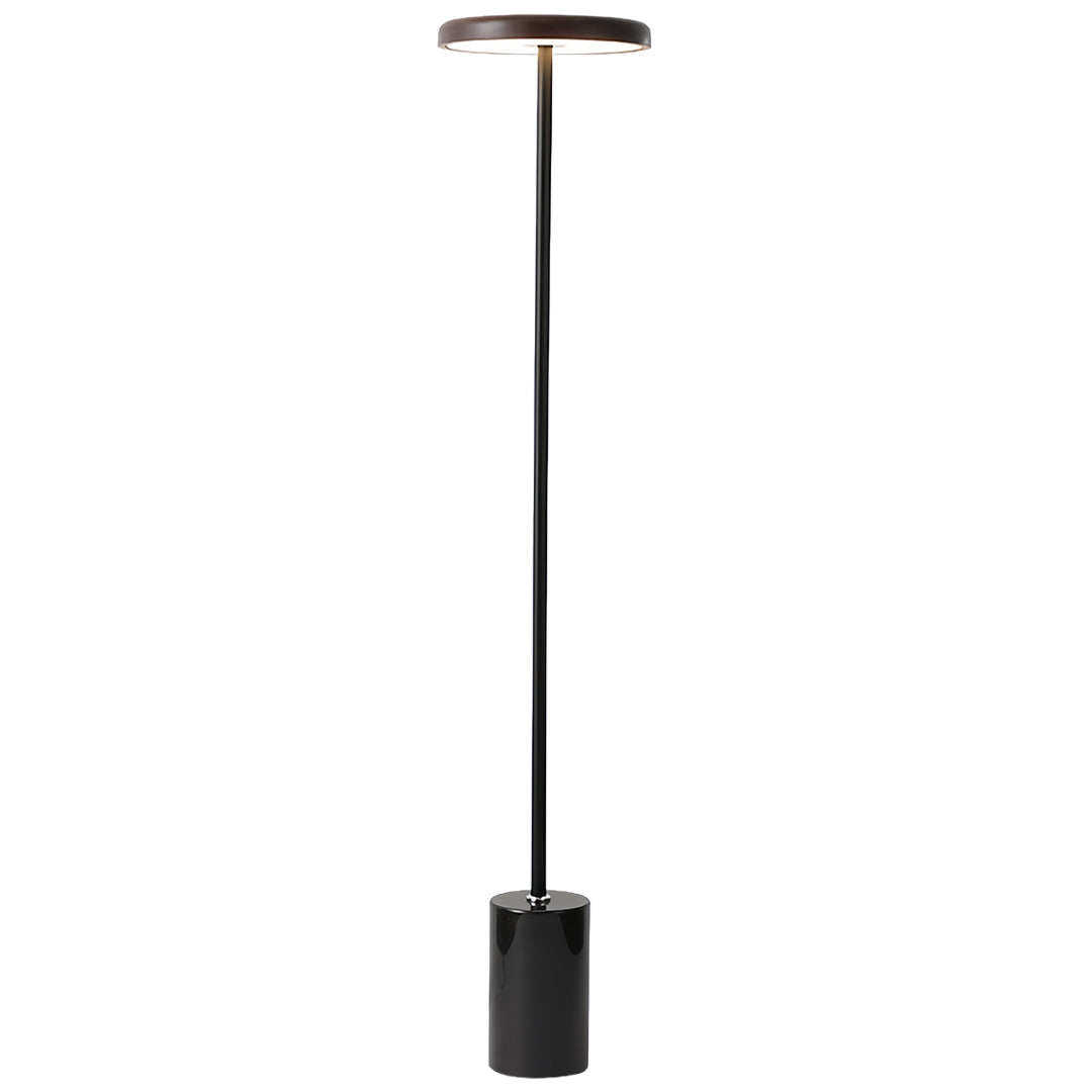 Contemporary minimalist floor lamp featuring black pole and circular top light for sophisticated ambient lighting