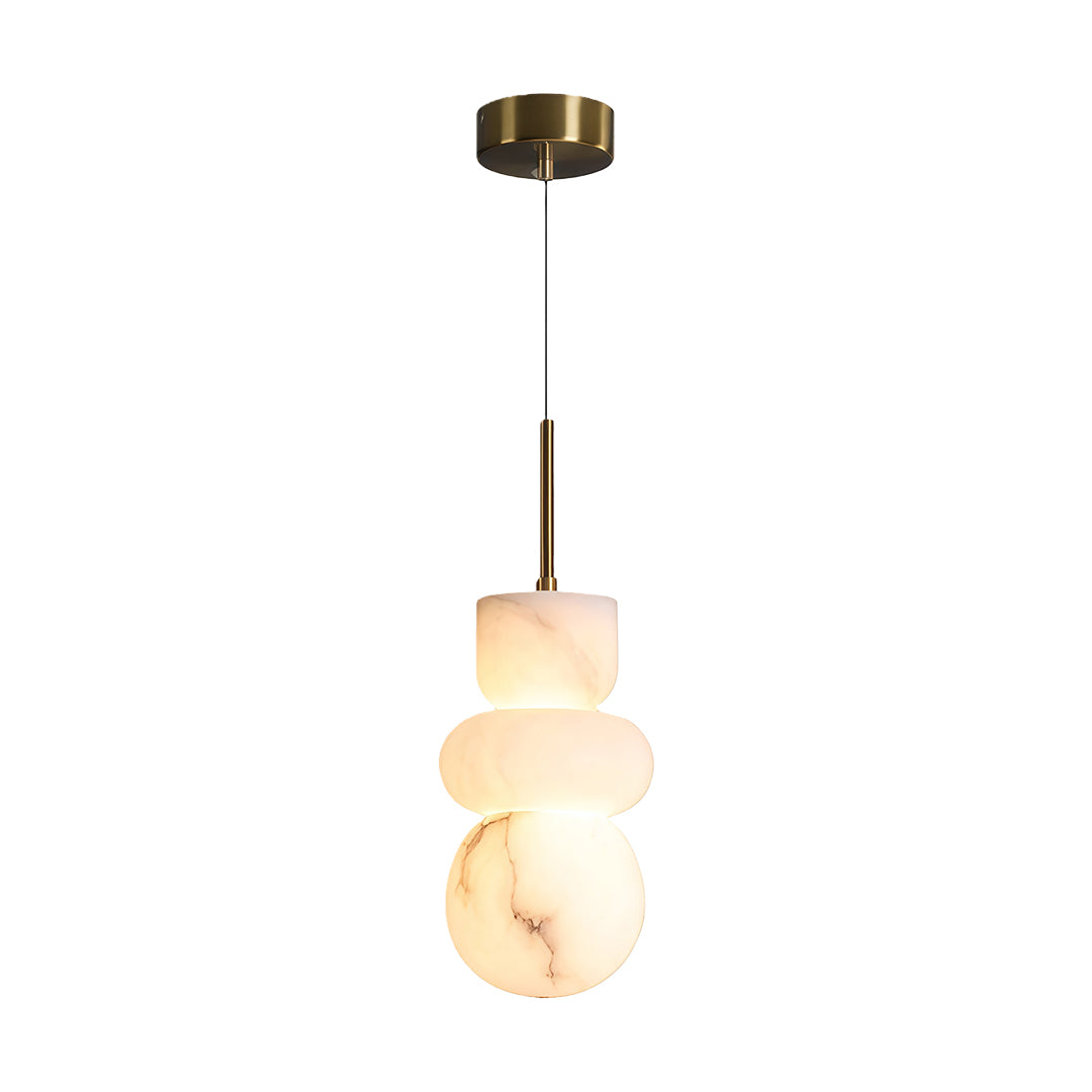 Contemporary minimalist pendant light with glass shade chandelier styling in medium stacked form with natural alabaster shades.