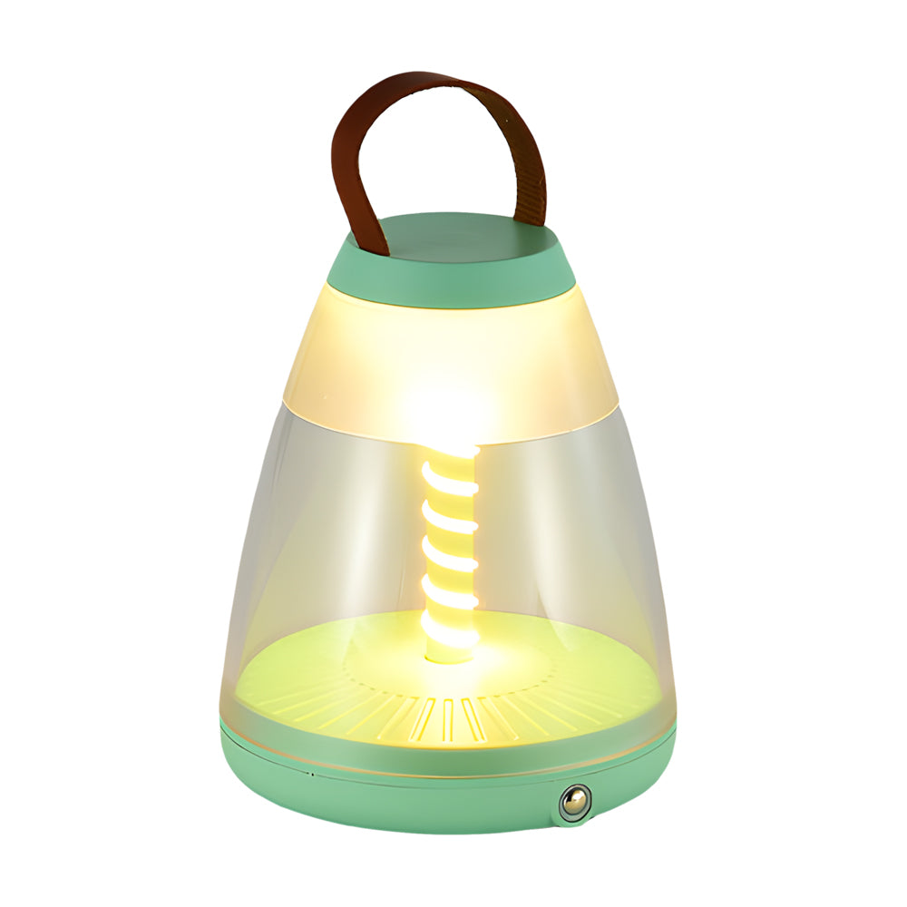 Contemporary battery powered outdoor table lamp with mint green base providing cordless lighting solution for modern outdoor spaces