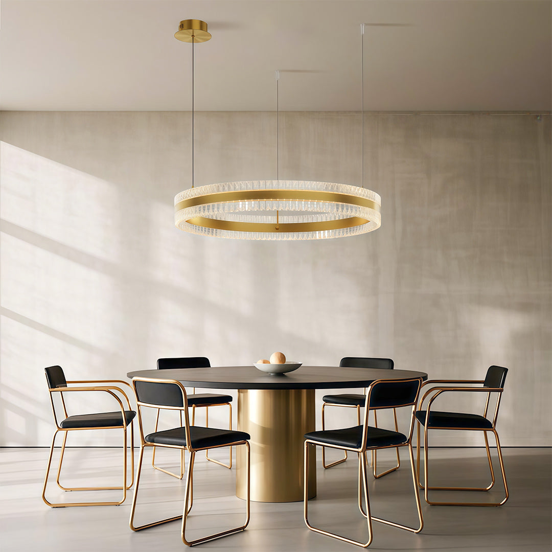 Contemporary modern circular chandelier with dual rings, adding sophistication to a dining room.