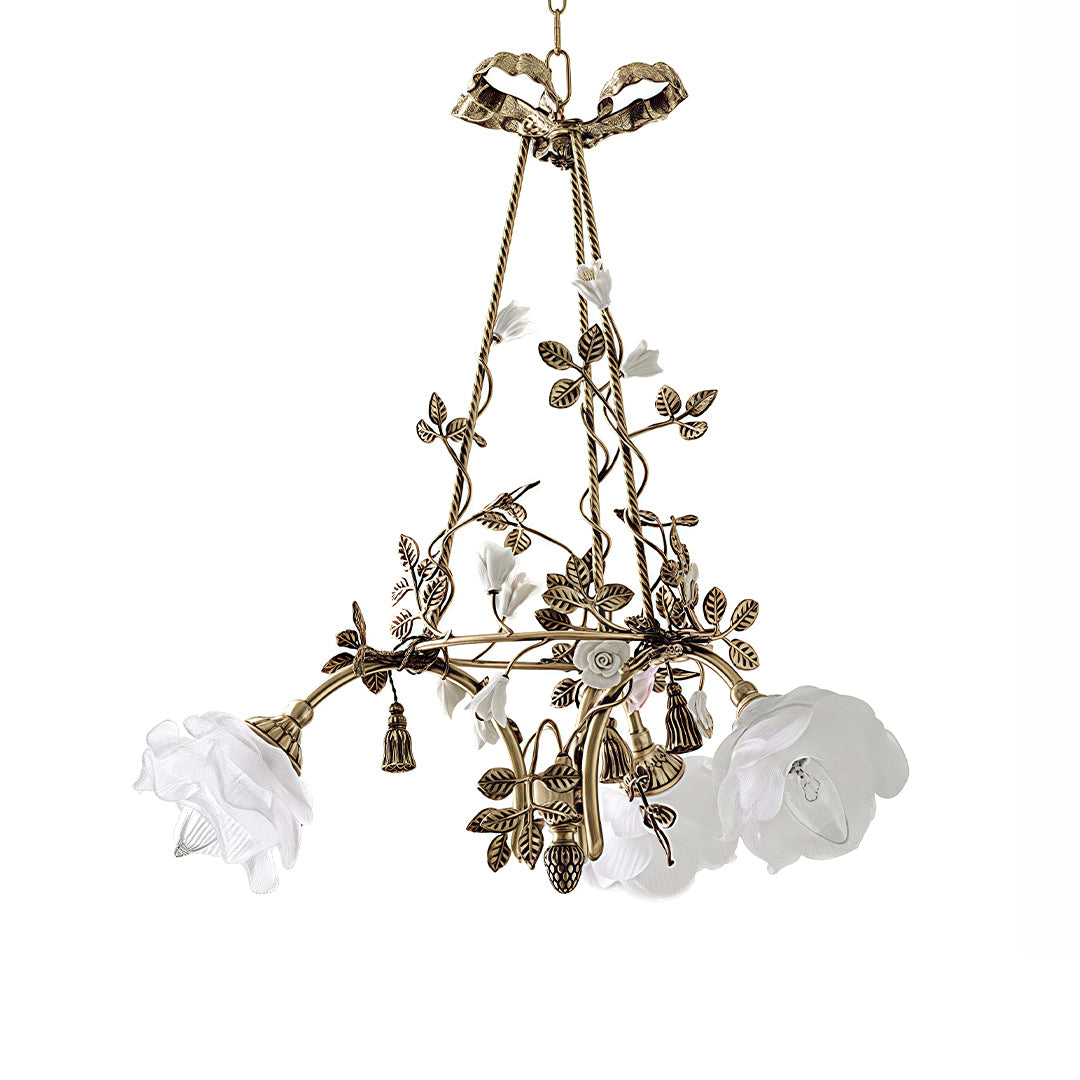 Contemporary modern flower chandelier with ornate brass branches and frosted white glass floral pendant elements