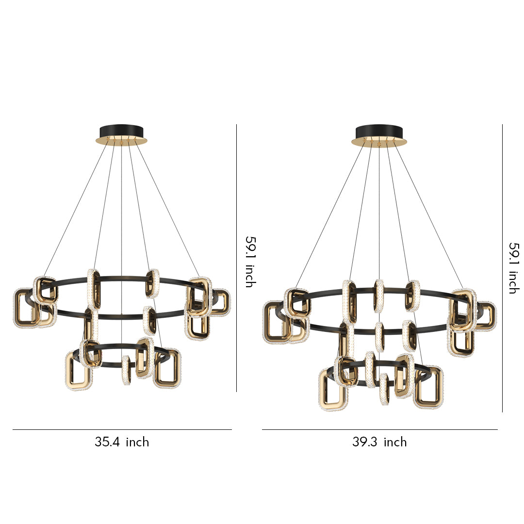Contemporary modern gold chandeliers showcasing two circular frame configurations with geometric glass shade arrangements
