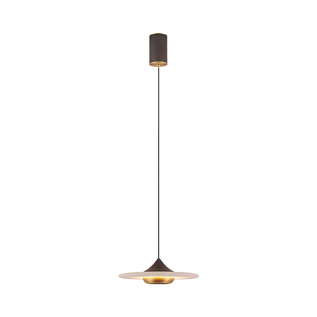 Contemporary modern LED pendant lights featuring glass shade chandelier aesthetic in UFO shape with warm gold finish and dimensions.