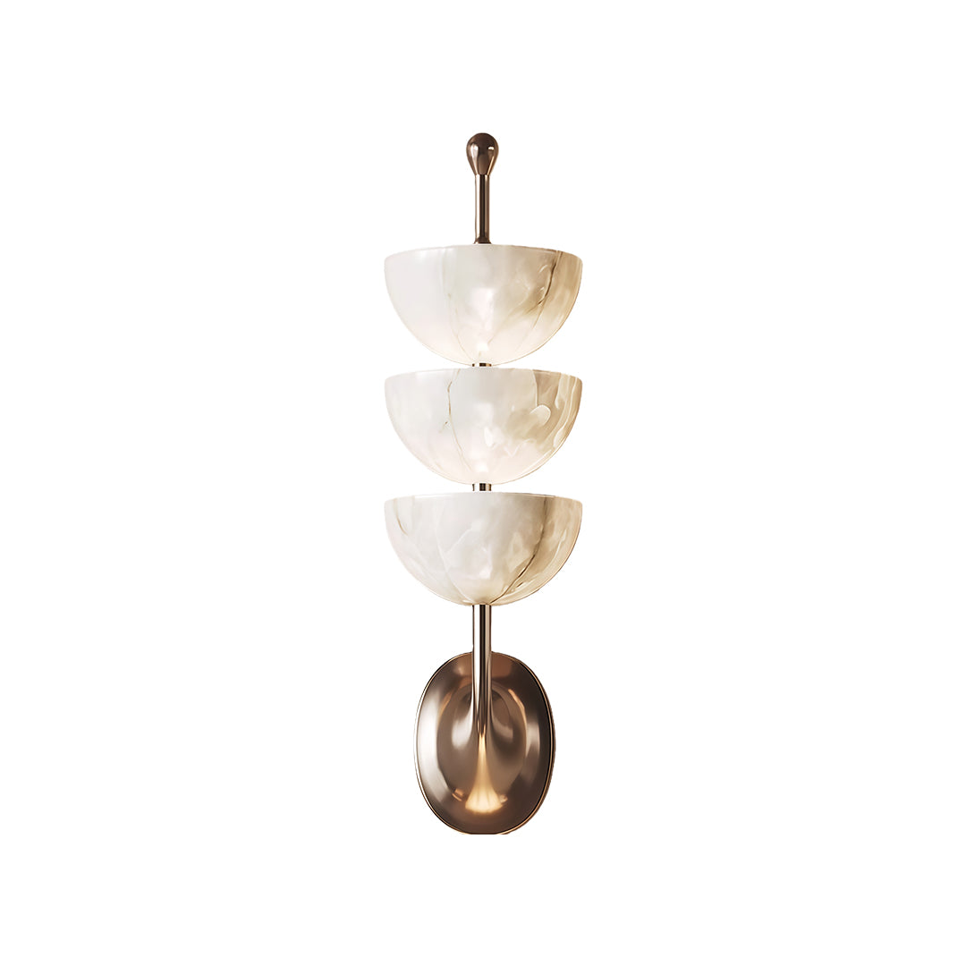 Contemporary modern LED wall lights with glass shade chandelier aesthetic in tiered white ceramic design with brushed gold hardware.