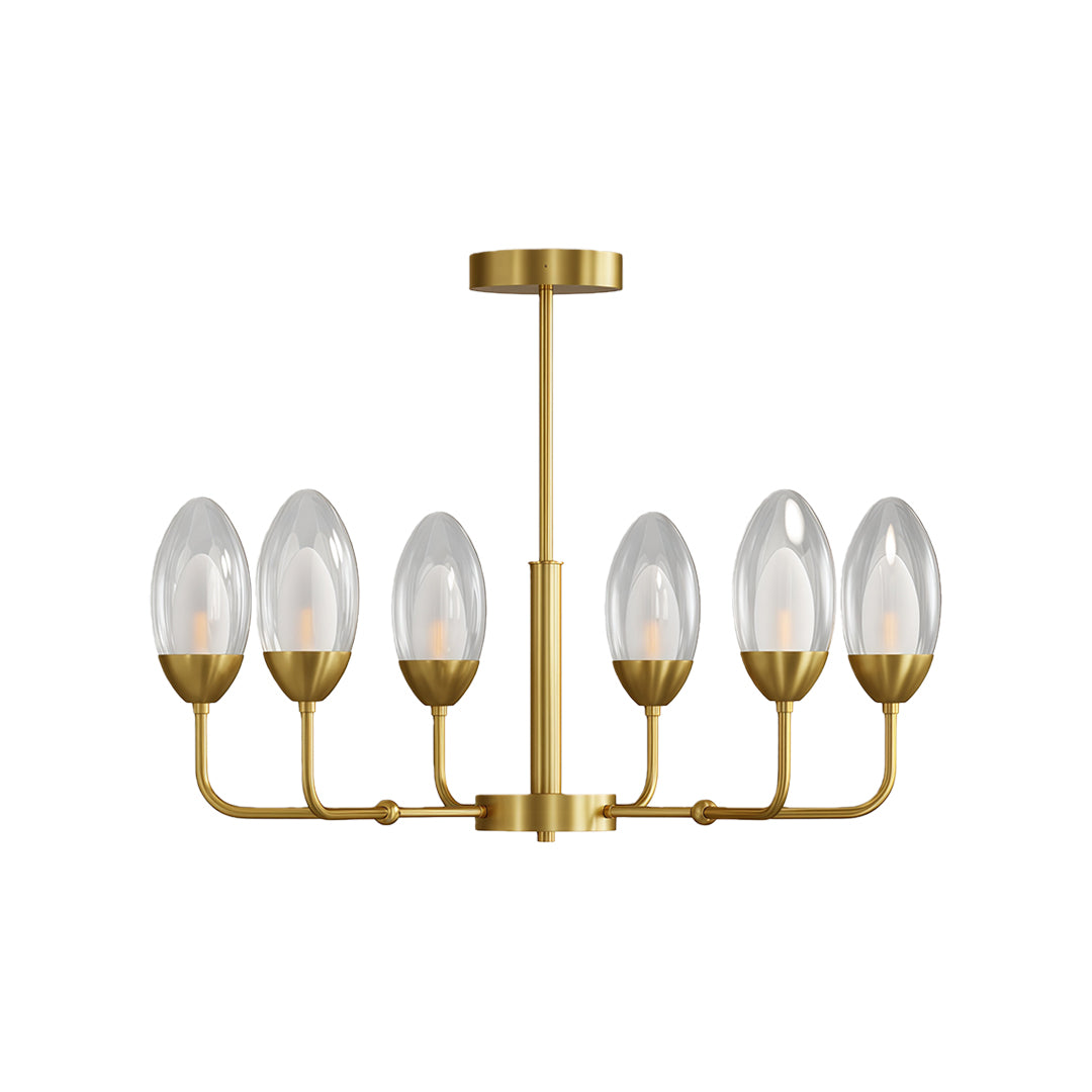 Contemporary modern minimalist chandelier featuring glass shade chandelier aesthetic in brushed brass with candelabra-style six-light design.