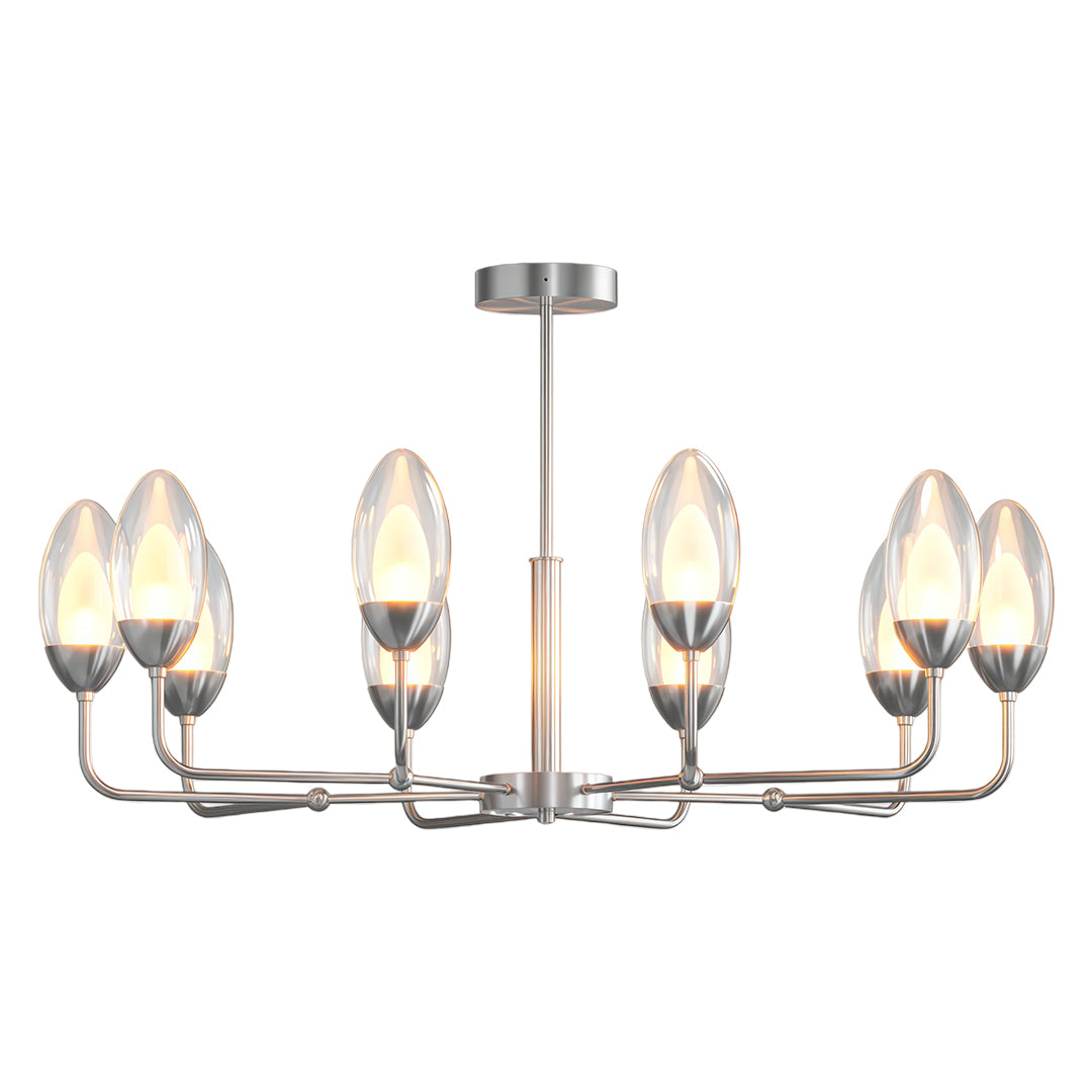 Contemporary modern minimalist chandelier with glass shade chandelier styling in brushed nickel featuring eight candelabra lights.