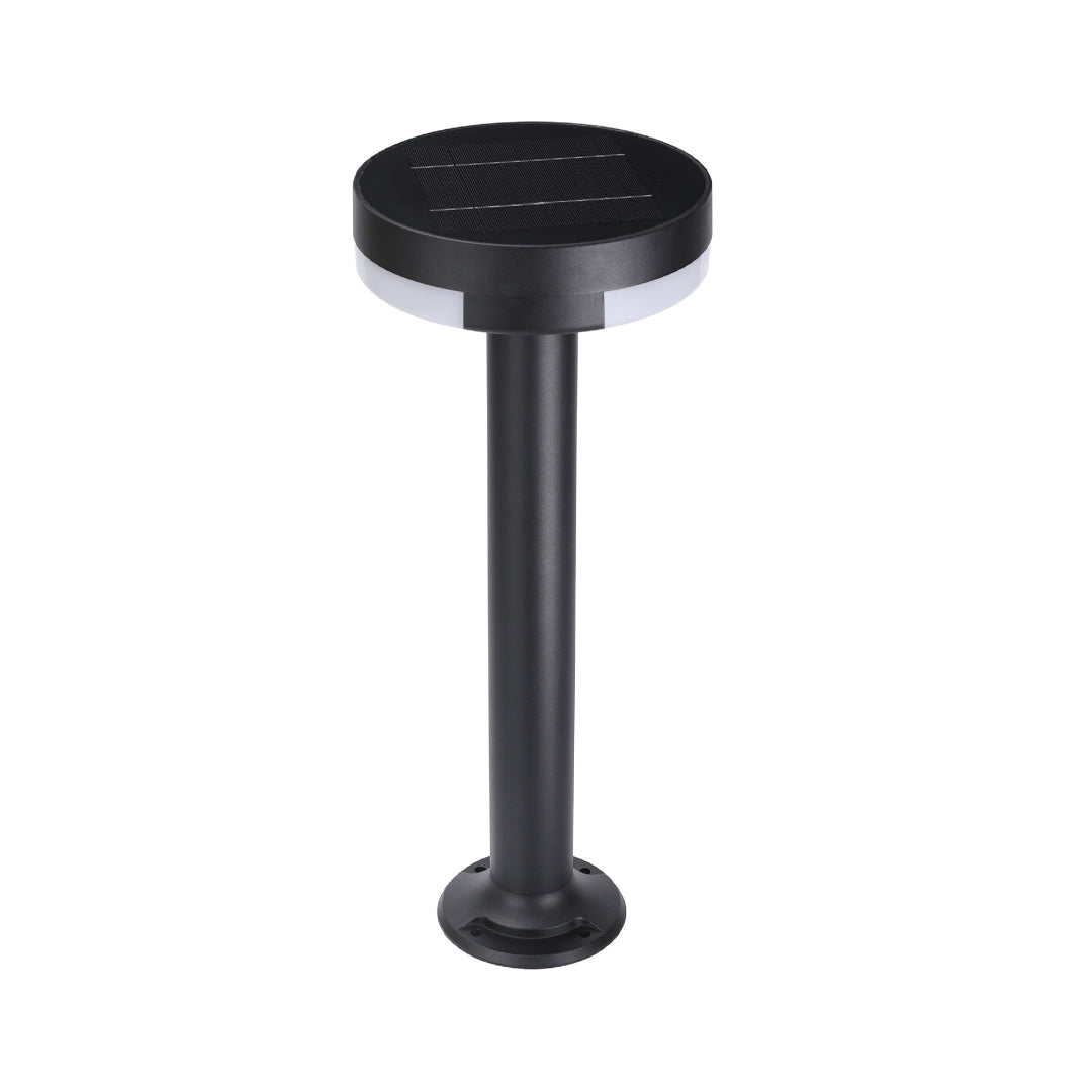 Contemporary modern pathway lighting featuring round black head and vertical pole in clean architectural style