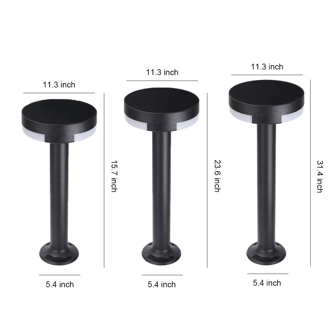 Contemporary modern pathway lighting series featuring three size variations with round black caps and cylindrical posts