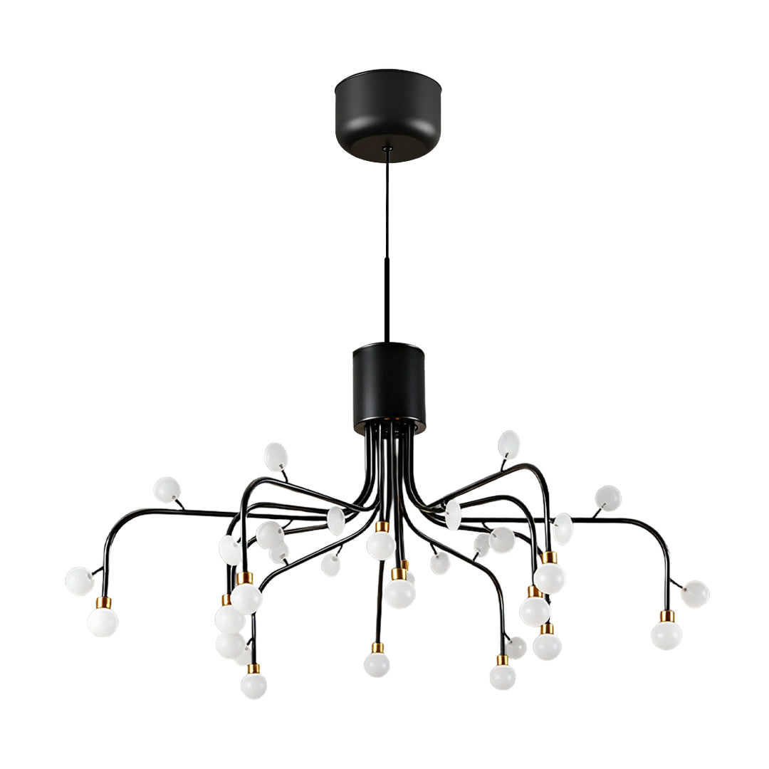 Contemporary modern retro chandelier showcasing branching metal arms with spherical glass pendants in matte black