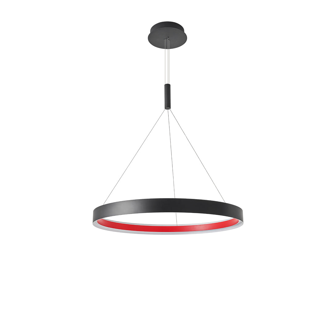 Contemporary modern ring chandelier with glass shade chandelier aesthetic in sleek black and red circular pendant design.