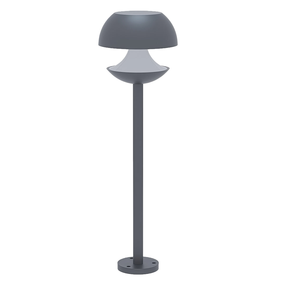 Contemporary mushroom path light with grey dome shade and white light ring on tall pole.