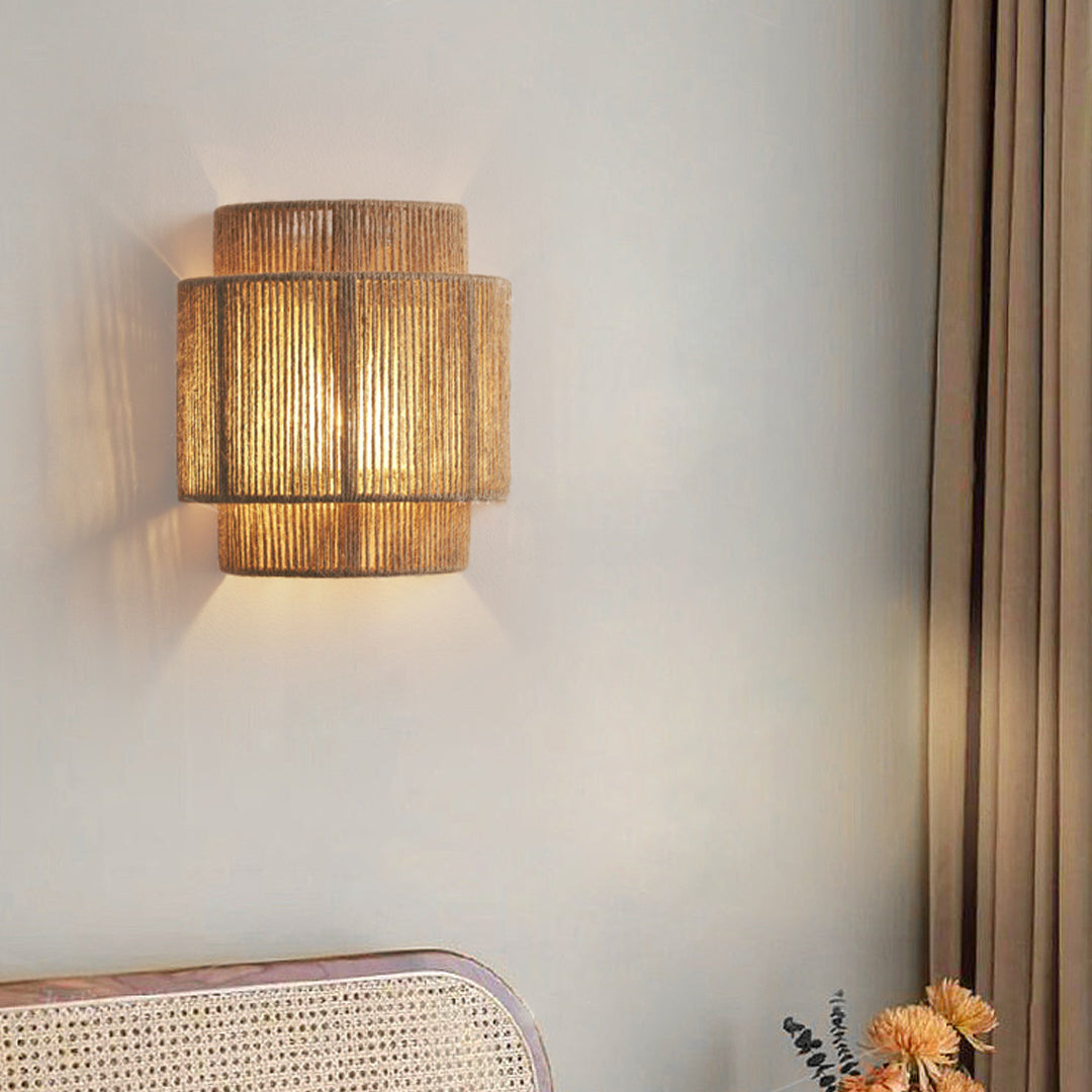 Japanese wall sconce light mounted in contemporary living space with neutral color palette