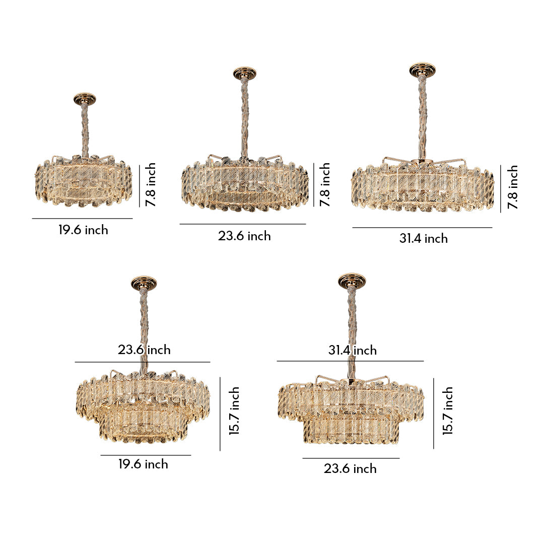 Contemporary nordic chandelier collection with glass shade chandelier aesthetic showing multiple sizes in gold with layered geometric crystals.