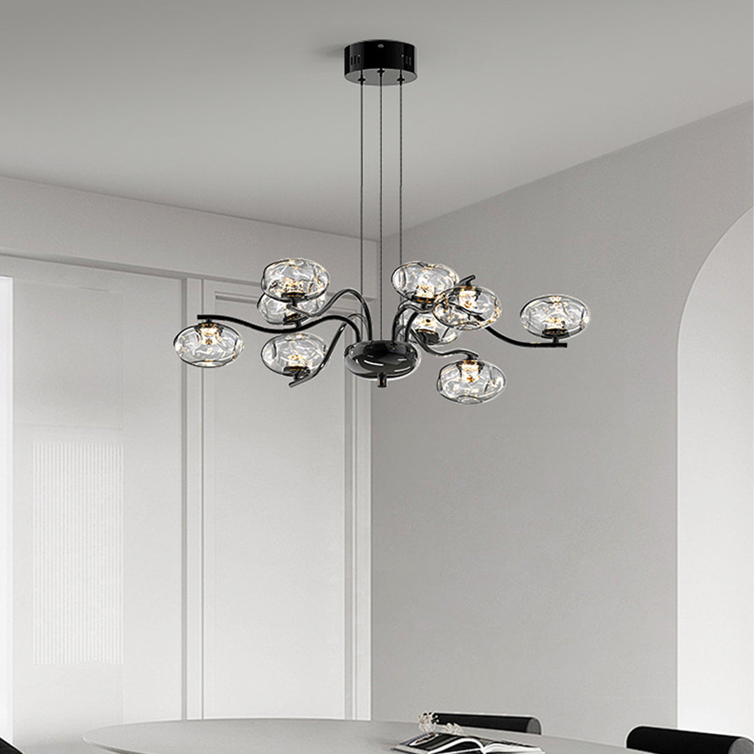 Modern LED chandelier enhancing contemporary office space with sophisticated crystal glass lighting elements