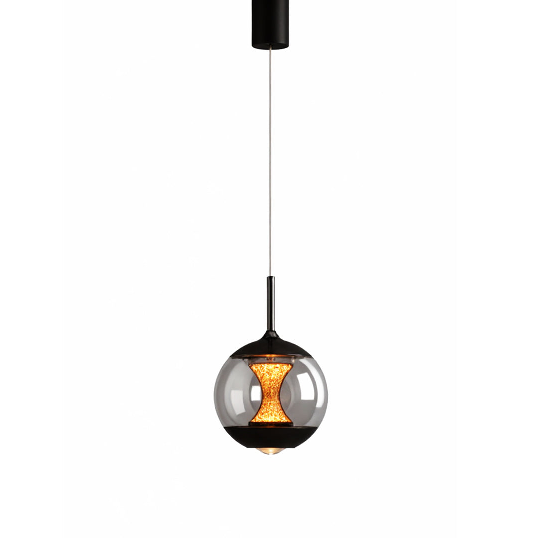 Contemporary orb pendant light showcasing smoked glass sphere with golden mesh detail and black ceiling mount