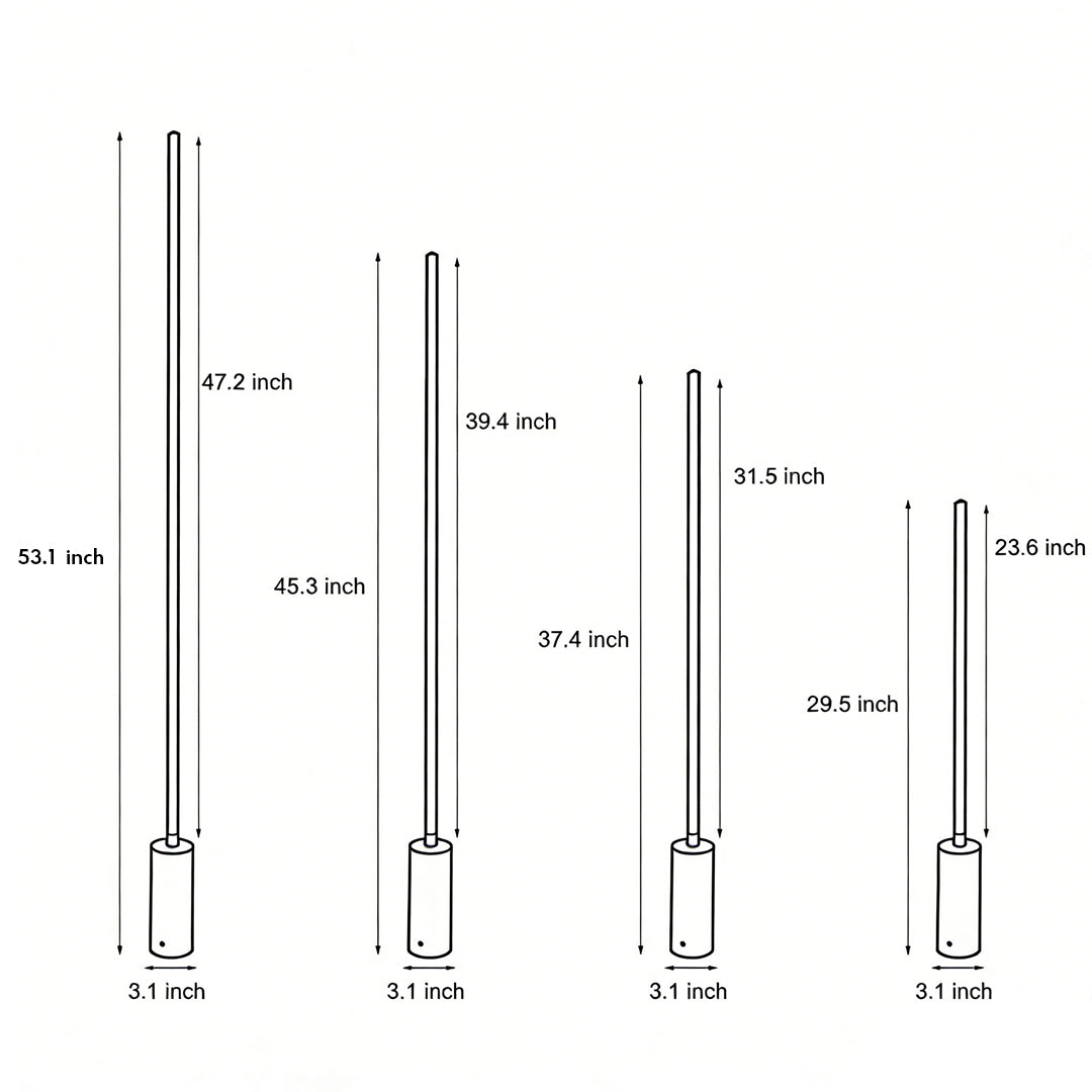 Technical line drawing showing height and base dimensions of contemporary outdoor floor lamps.