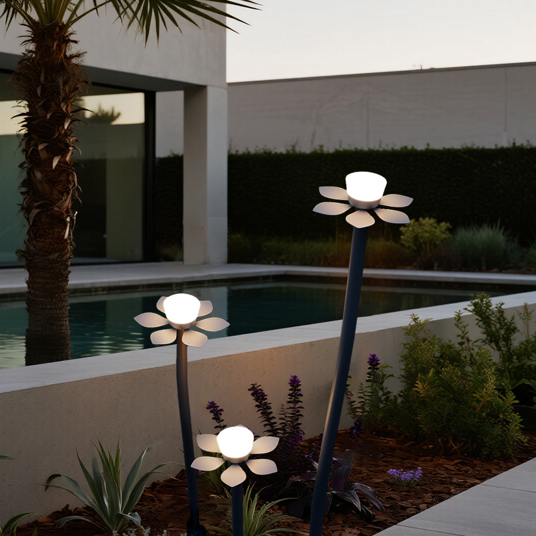 Contemporary outdoor landscape lights LED arrangement enhancing modern architecture with energy-efficient white LED technology