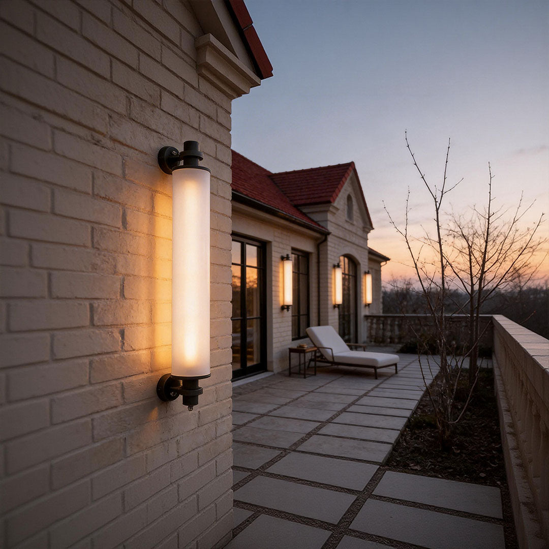 Contemporary outdoor LED wall lights with a modern design, illuminating a patio area.