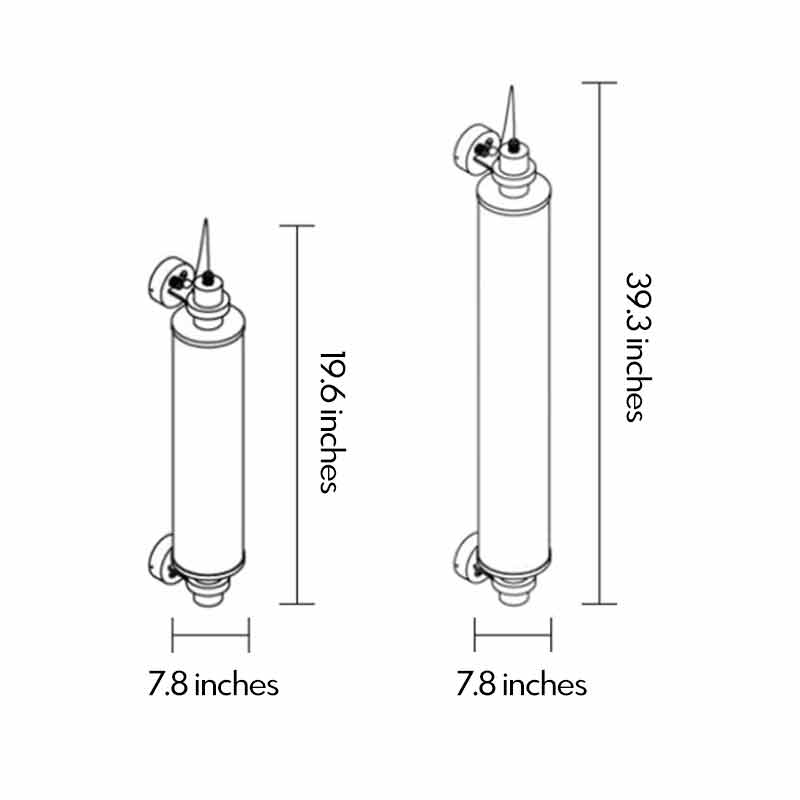 Technical diagram of contemporary outdoor LED wall lights showing dimensions and installation details.