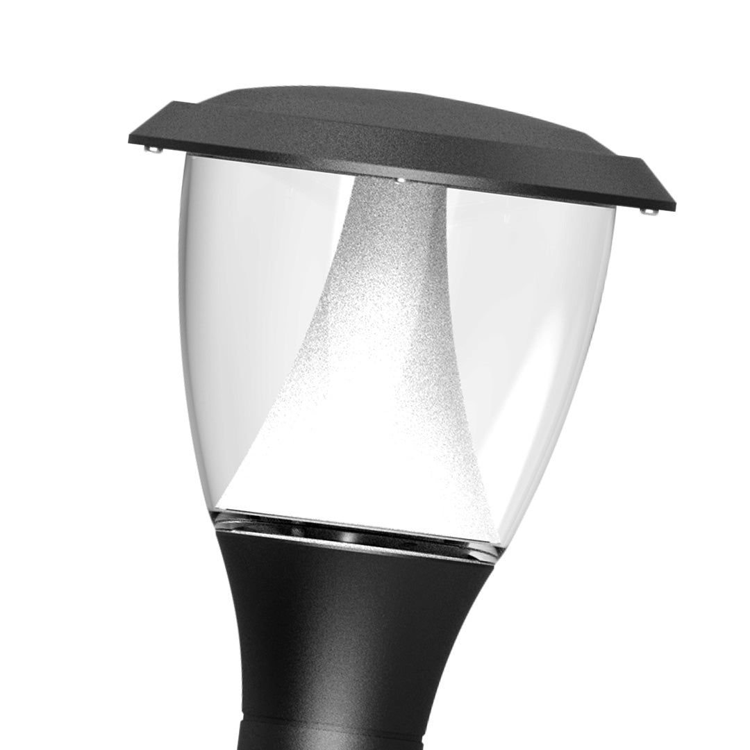 Contemporary outdoor light fixture with white diffuser and black base design