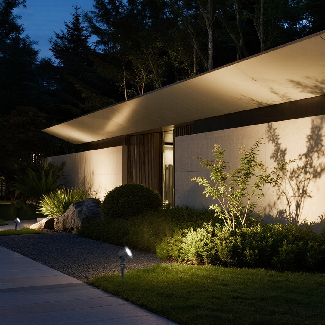 Contemporary outdoor lighting showcasing modern architecture with warm accent lighting on building facade