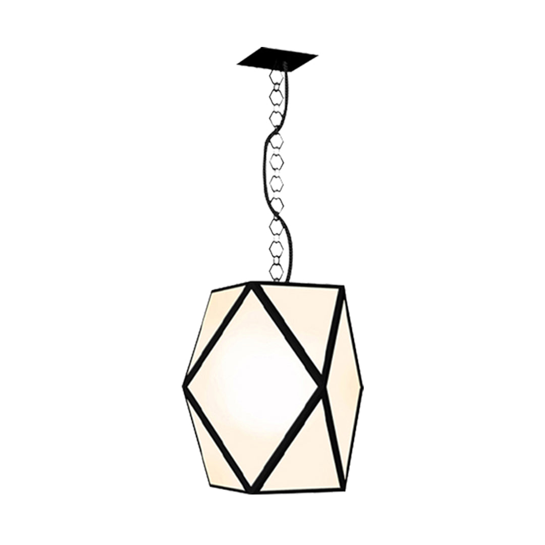 Minimalist geometric contemporary outdoor pendant lighting featuring a metal frame and soft warm illumination.