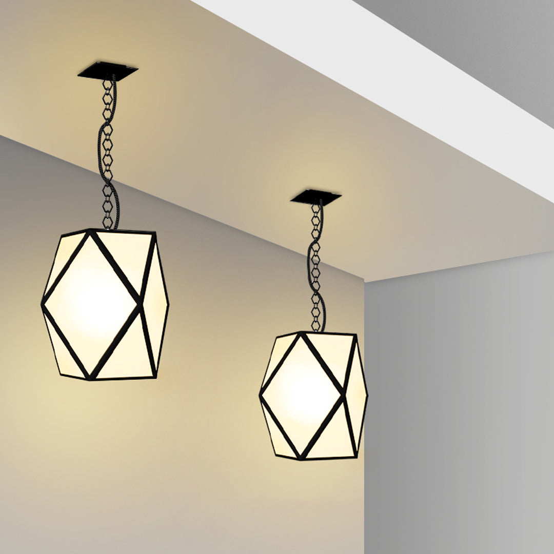 Modern ceiling-mounted contemporary outdoor pendant lighting installed on a covered exterior space.